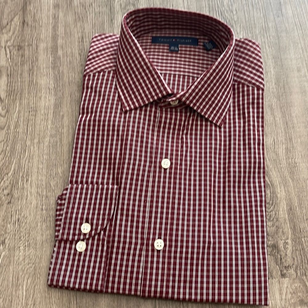 Tommy Hilfiger Micro-Check Print Dress Shirt-BURGUNDY-15.5-34/35